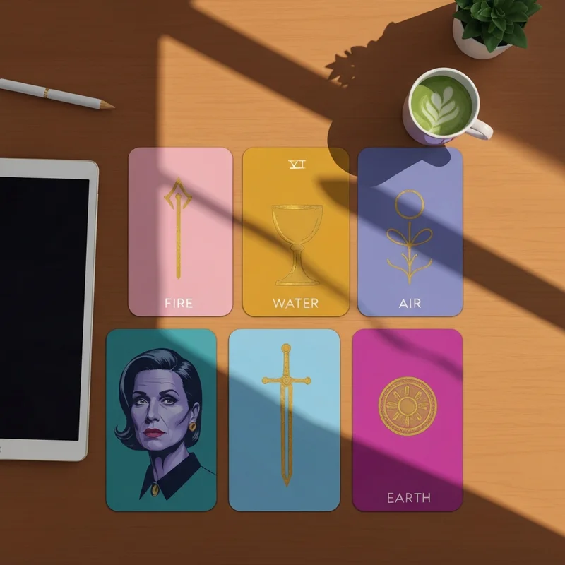 A modern flat-lay of tarot minor arcana meanings cards including wands, cups, swords, and pentacles on a clean desk with a digital tablet.