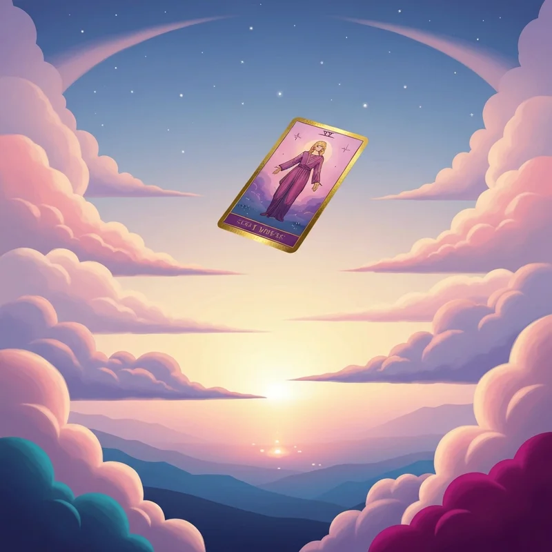A serene digital illustration of a glowing single tarot card floating above a calm sea at sunset, representing free tarot one card guidance.