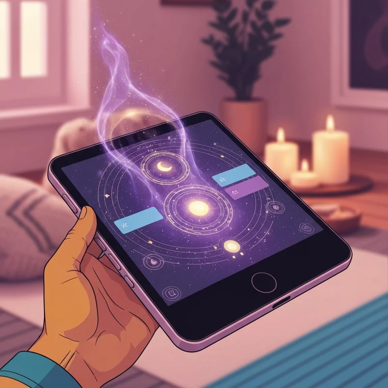 A modern smartphone displaying a glowing digital tarot card with aesthetic celestial art, held by a hand in a dimly lit, cozy environment.