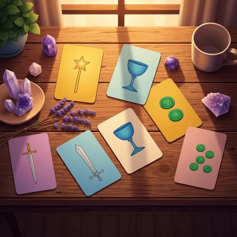 A detailed minor arcana tarot cards list spread across a wooden table with soft candlelight and crystals.