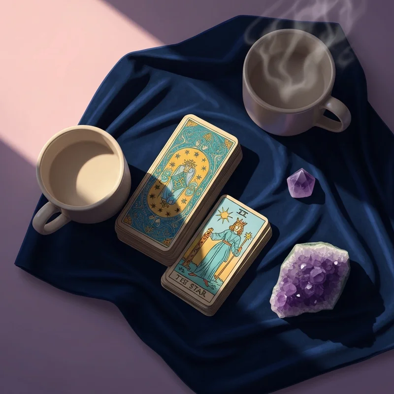 A mystical overhead shot of a Rider-Waite tarot deck on a dark velvet cloth, surrounded by crystals and a cup of coffee, illustrating tarot daily horoscopes.