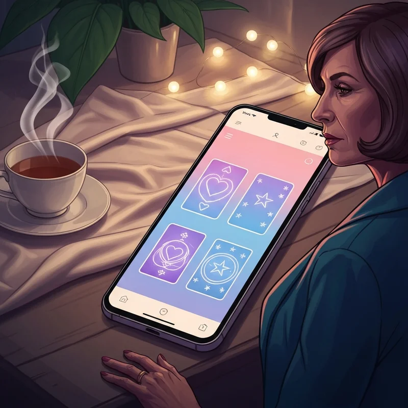 A mystical and soothing digital tarot reading interface showing glowing cards with love tarot free symbols on a soft velvet background.