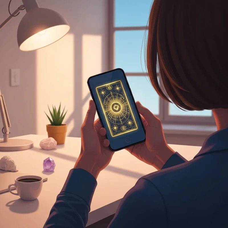 A modern woman in her 30s sitting in a sunlit room, holding a smartphone showing a high-quality tarot card app with vibrant card art and a digital spread.