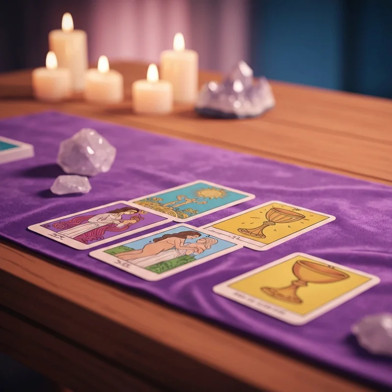 A serene relationship tarot reading free session featuring ethereal cards on a velvet cloth with soft candlelight.