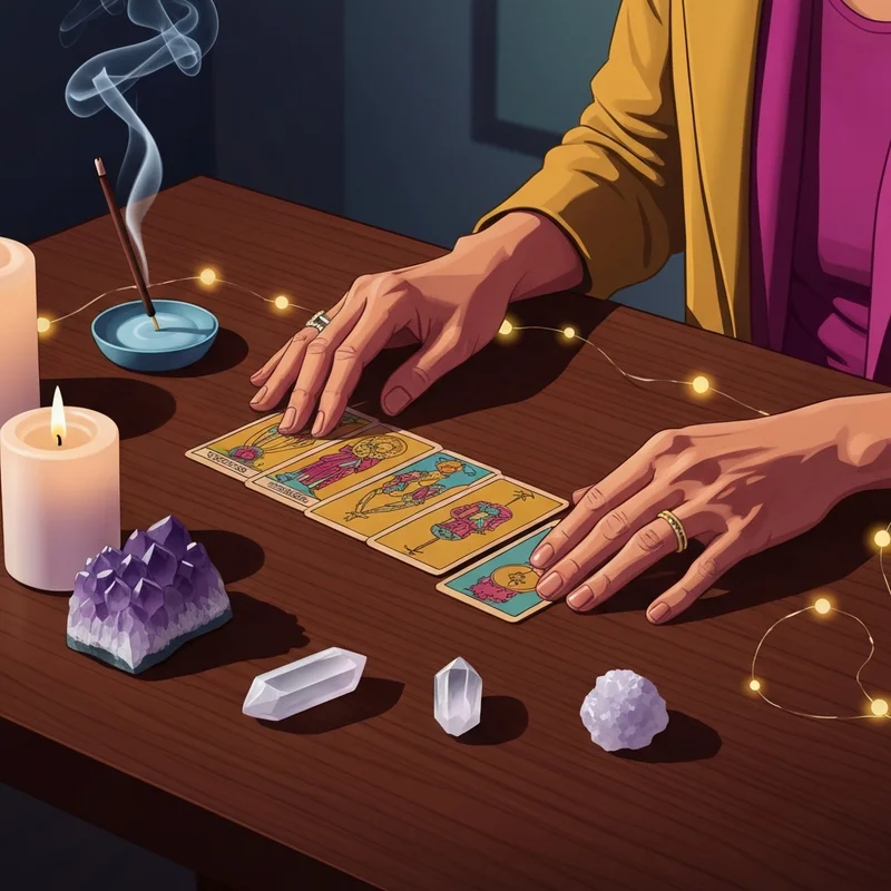 A mystical and soothing tarot spread layout on a wooden table with candles and crystals, emphasizing intuitive guidance.