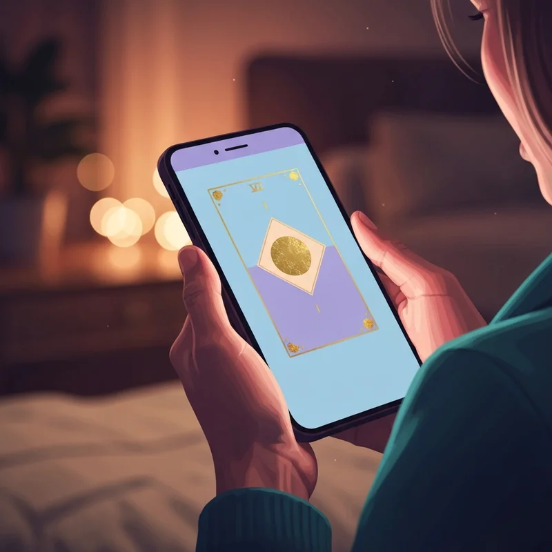 A serene person holding a glowing smartphone displaying a digital tarot card spread, best free tarot reading search result.