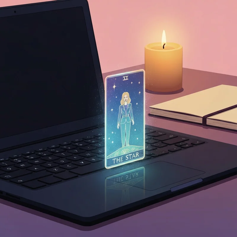 A glowing digital tarot card floating above a sleek laptop, blending ancient symbolism with modern technology in a soft, ethereal room.