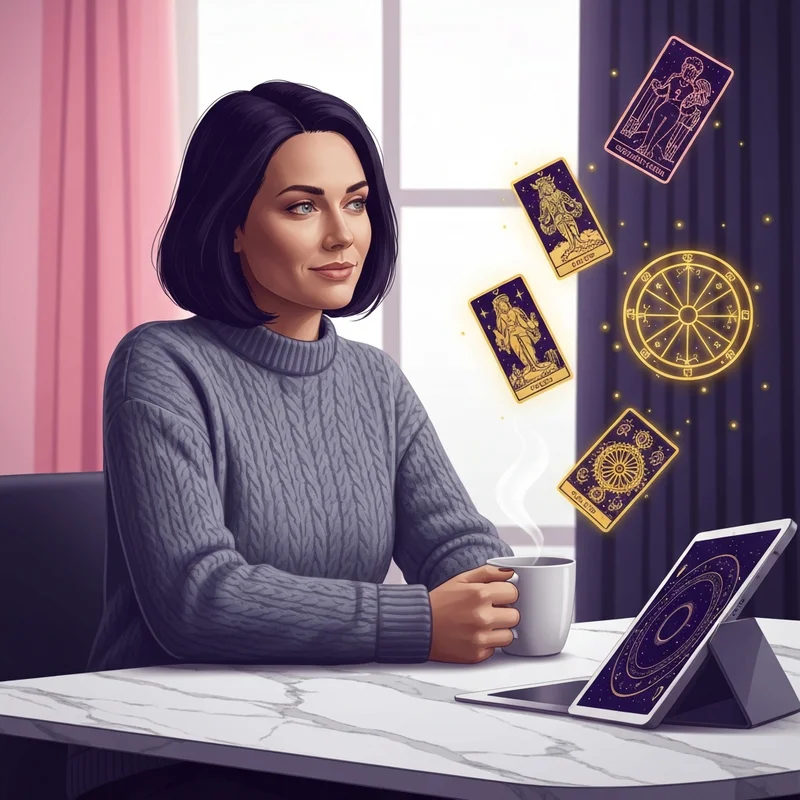 A woman reflecting over a digital interface showing msn tarot cards and zodiac signs in soft morning light.