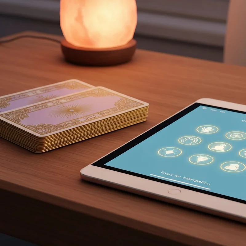 A mystical yet modern workspace featuring a physical tarot deck next to a sleek digital tablet showing an interactive tarot card interpretation interface, glowing with warm amber and soft purple light.