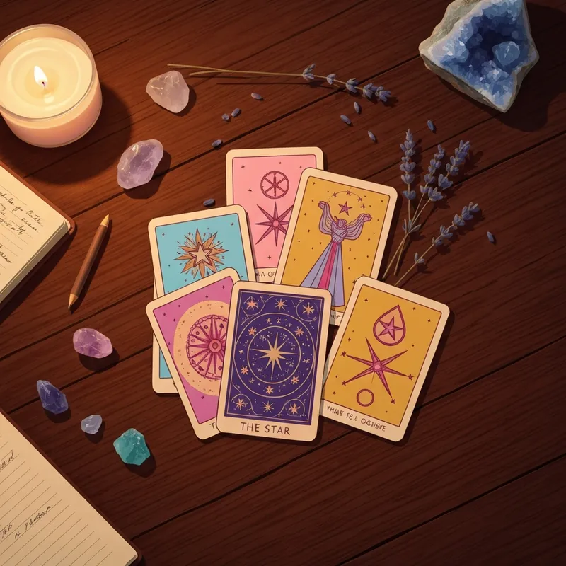 A serene, mystical setting with a person's hand reaching toward a spread of tarot cards, exploring are tarot cards real through symbols and soft light.