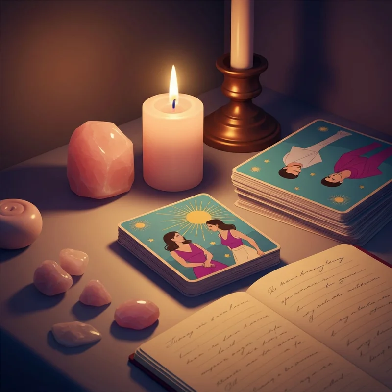 A mystical relationship tarot spread on a wooden table with soft candle light and rose petals.