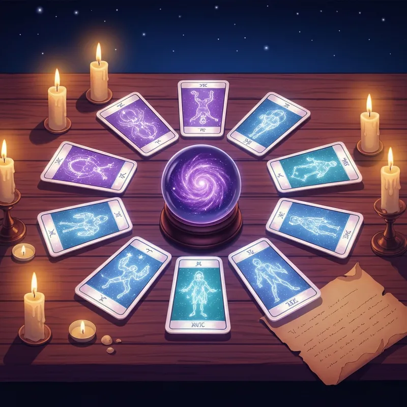 A cinematic and mystical representation of a tarot card horoscope, featuring glowing zodiac symbols and floating major arcana cards in a starry nebular background.