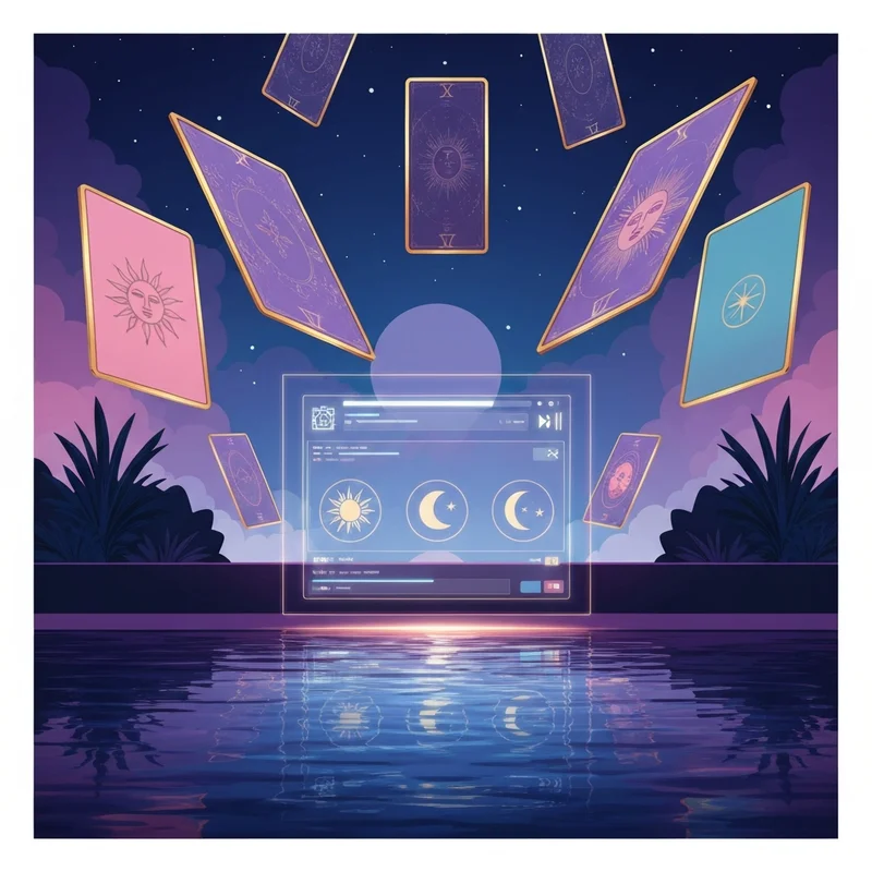 A serene digital garden with glowing tarot cards floating in a soft twilight sky, symbolizing a free tarot card reading for future insights.