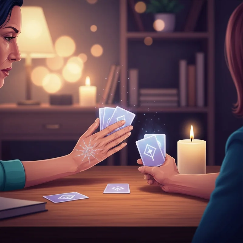 A serene person holding glowing tarot cards and examining the lines on their palm for a future reading.