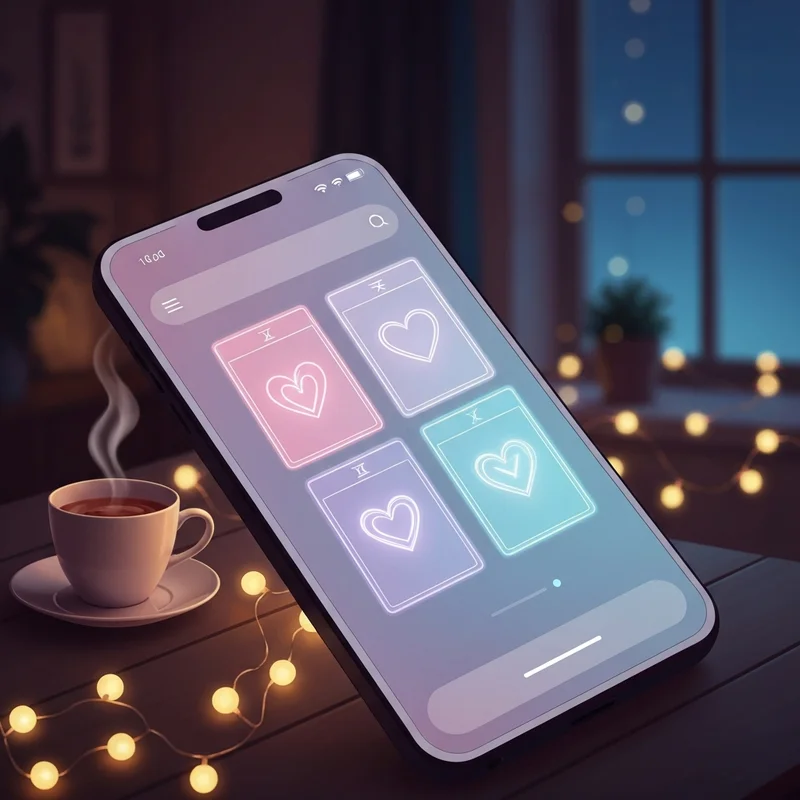 A mystical and soothing digital tarot interface showing three cards with glowing heart symbols and soft purple light, representing a free love reading.