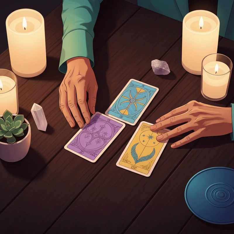 A serene person performing a 3 card pull tarot reading in a softly lit, cozy room with candles.