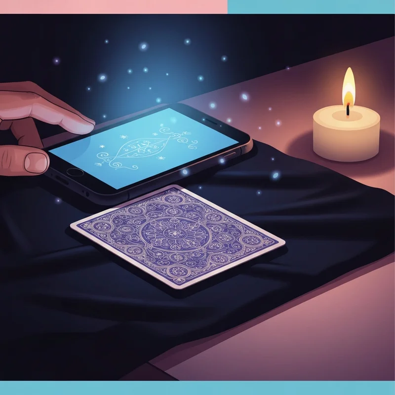 A close-up of a mystical single card tarot reading online yes or no with glowing symbols and soft candlelight background.