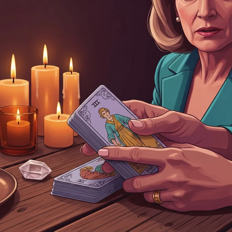 A beginner's hands holding a deck of cards for how to start tarot reading, surrounded by candles and crystals.