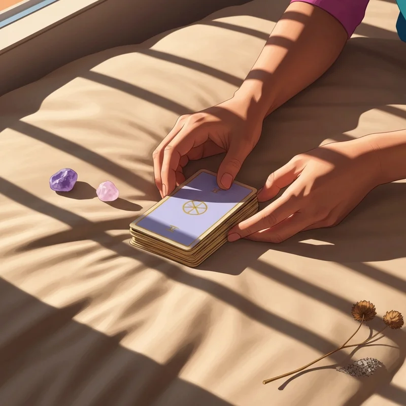 A young person performing a basic tarot reading with a minimalist deck on a cozy sunlit bed.