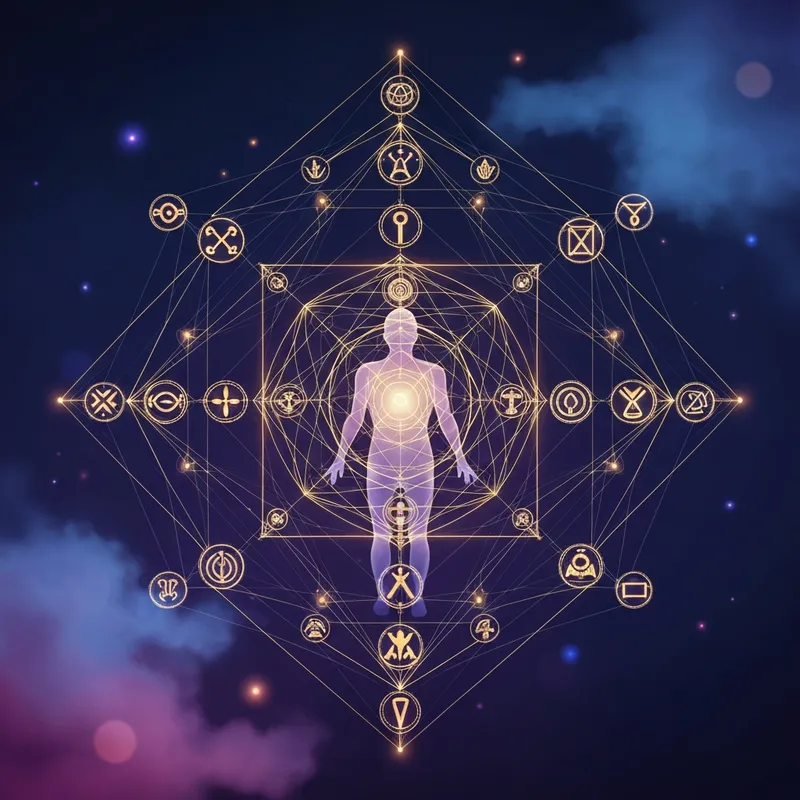 A mystical and modern Destiny Matrix Arcana Chart showing numerical codes and spiritual symbols for self-discovery.