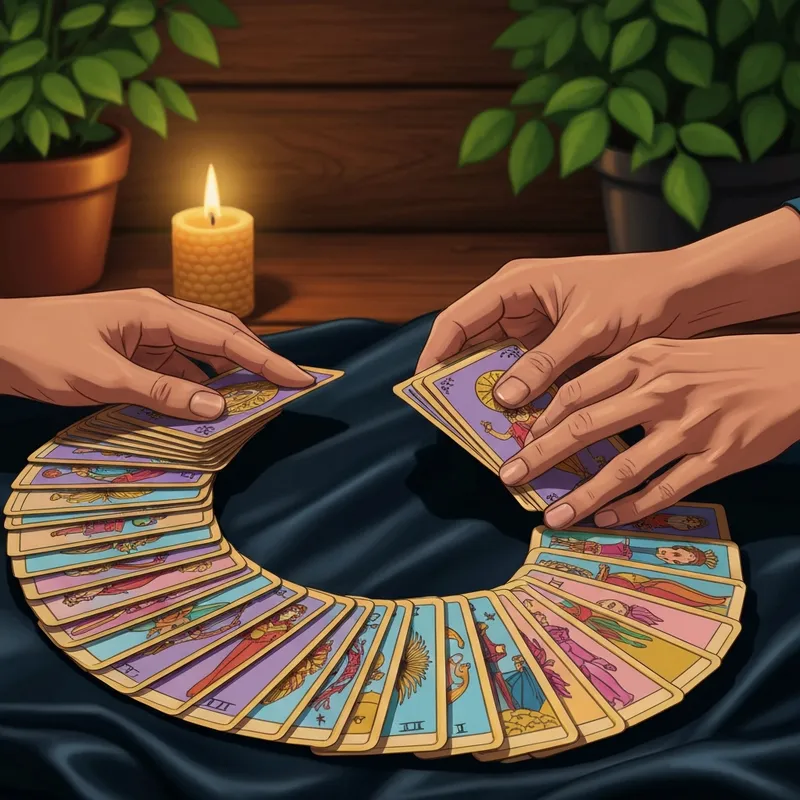 A complete 78-card tarot deck fanned out on a velvet cloth with a candle nearby, illustrating how many tarot cards are in a deck.