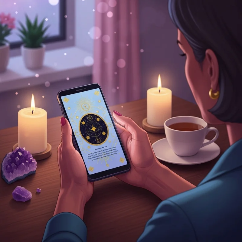 A serene digital workspace with a glowing smartphone displaying a celestial online oracle card reading spread surrounded by soft candlelight and crystals.