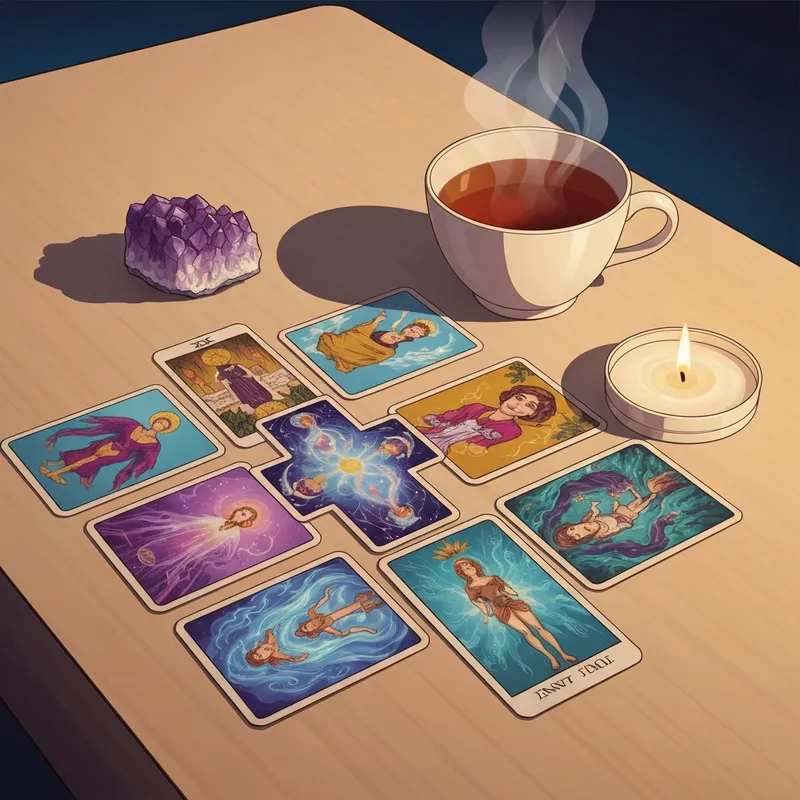 A mystical ten card spread layout on a silk cloth with a candle and herbs.