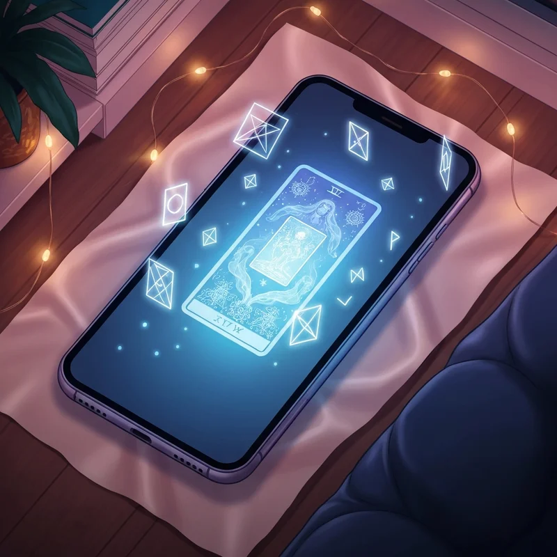 A serene digital interface showing glowing tarot cards and ancient symbols, representing the clarity of online divination.