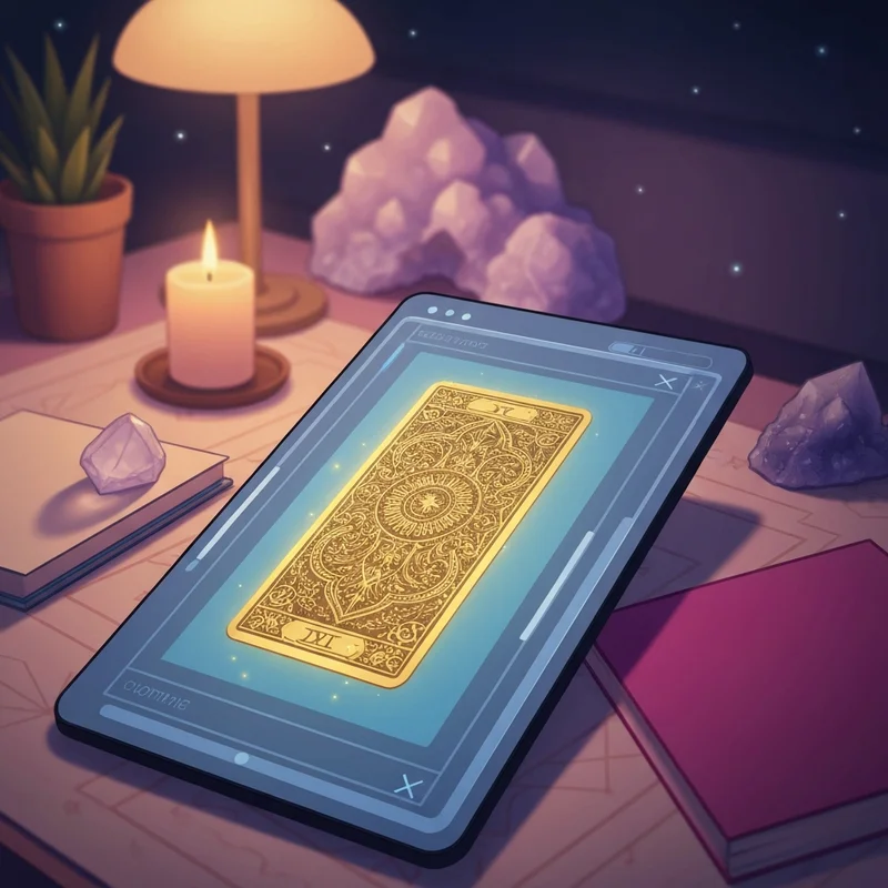 A mystical digital interface showing a glowing random tarot card generator with atmospheric nebula effects.