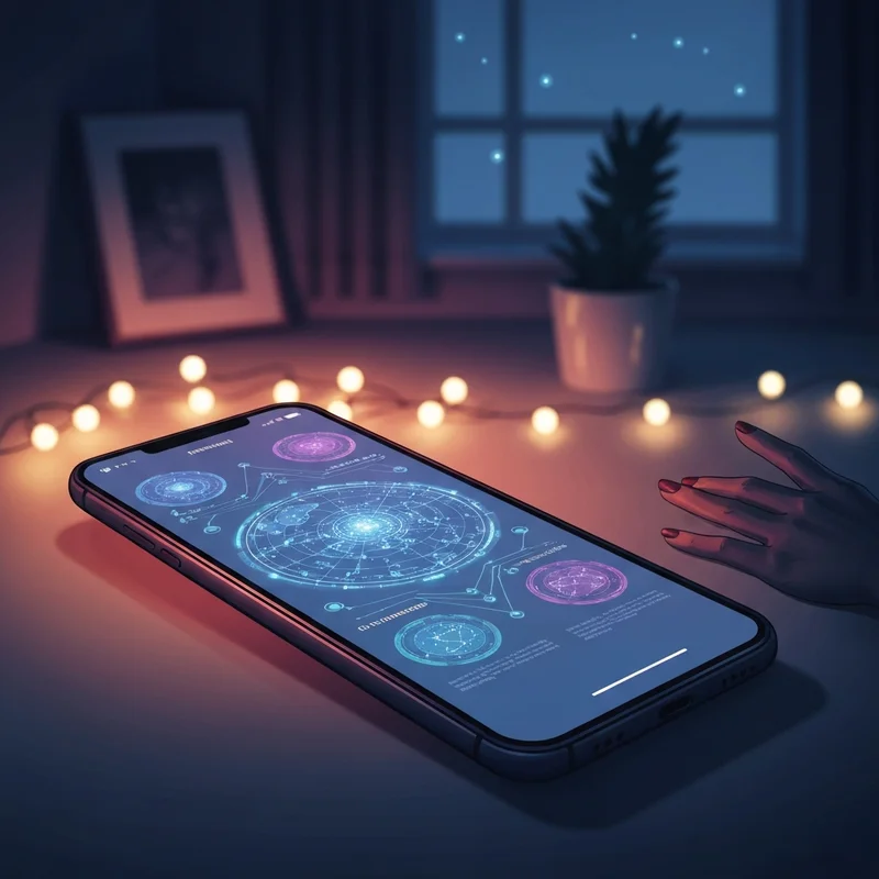 A digital fortune prediction oracle glowing with neon stars and AI neural patterns.