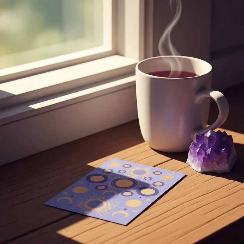 A single tarot card resting on a wooden table next to a cup of herbal tea and a small crystal, representing a one card tarot pull ritual.
