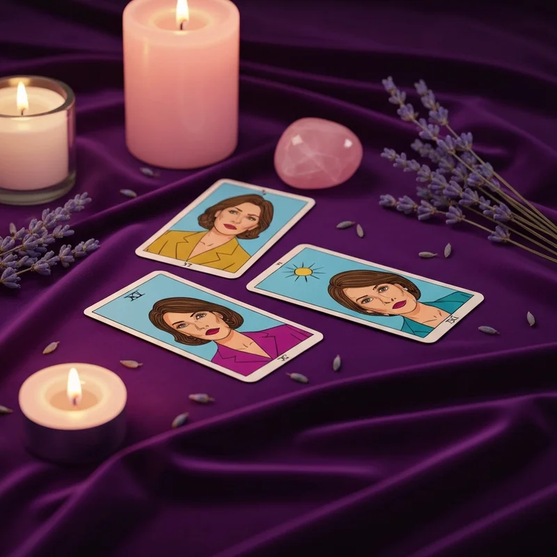 A mystical future love tarot spread with glowing cards, rose quartz crystals, and a soft velvet cloth on a wooden table.