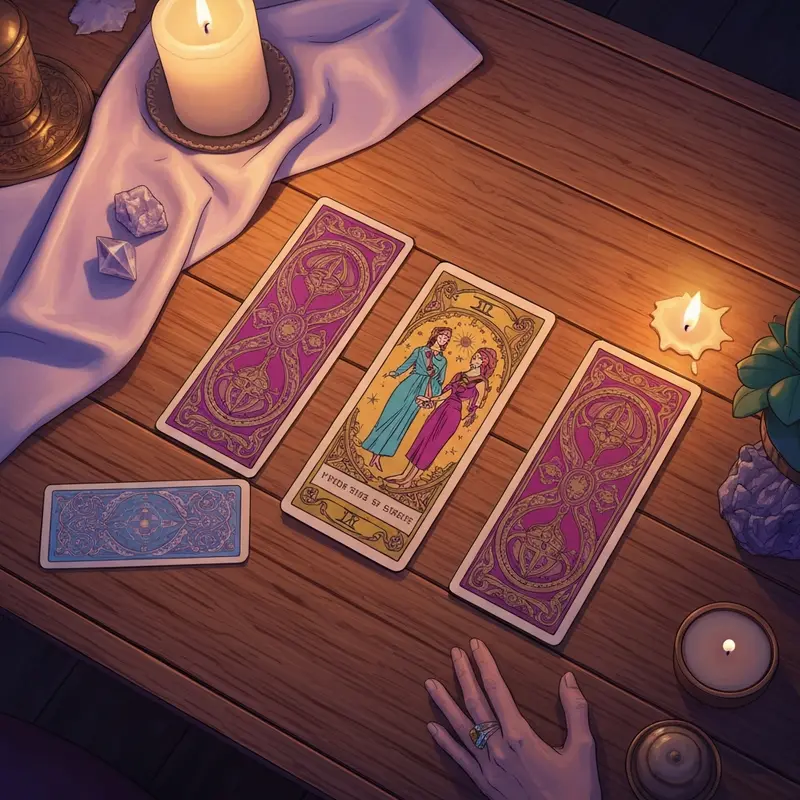 A serene and mystical tarot setup for a soulmate reading, featuring glowing candles and soft floral elements.