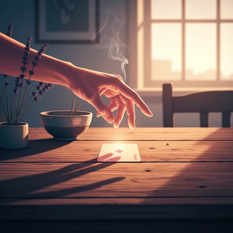 A serene setting for an angel one card reading with soft candlelight and a single glowing card.