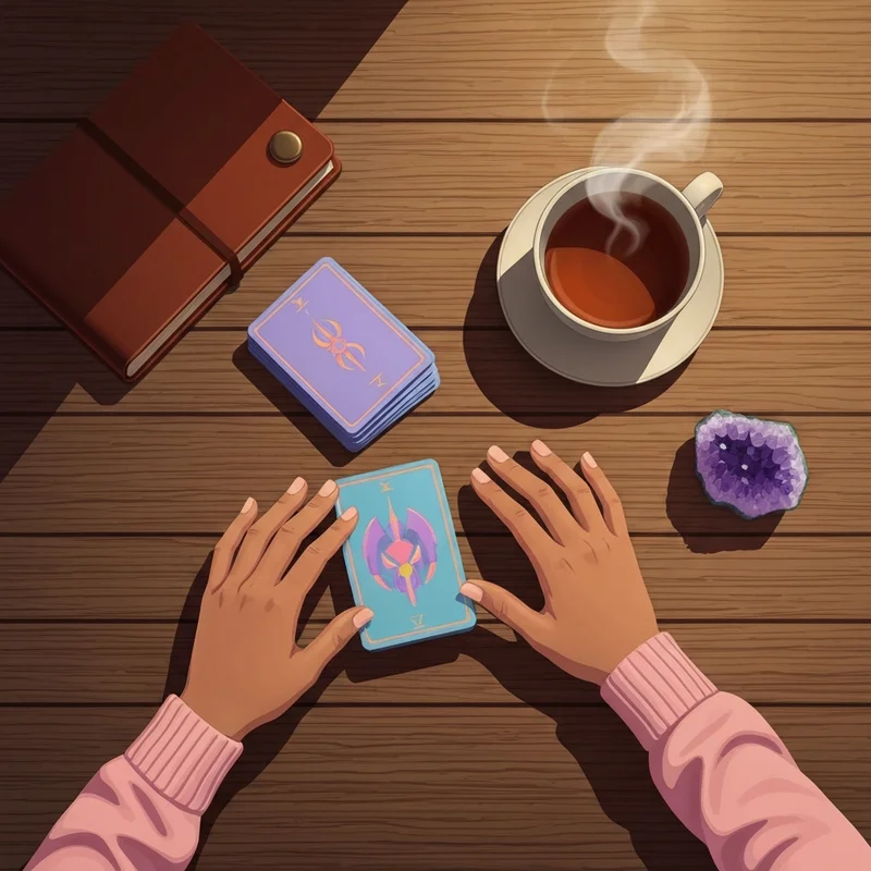 A cozy, aesthetic flat lay of the best tarot cards for beginners on a wooden table with a cup of tea and a notebook.