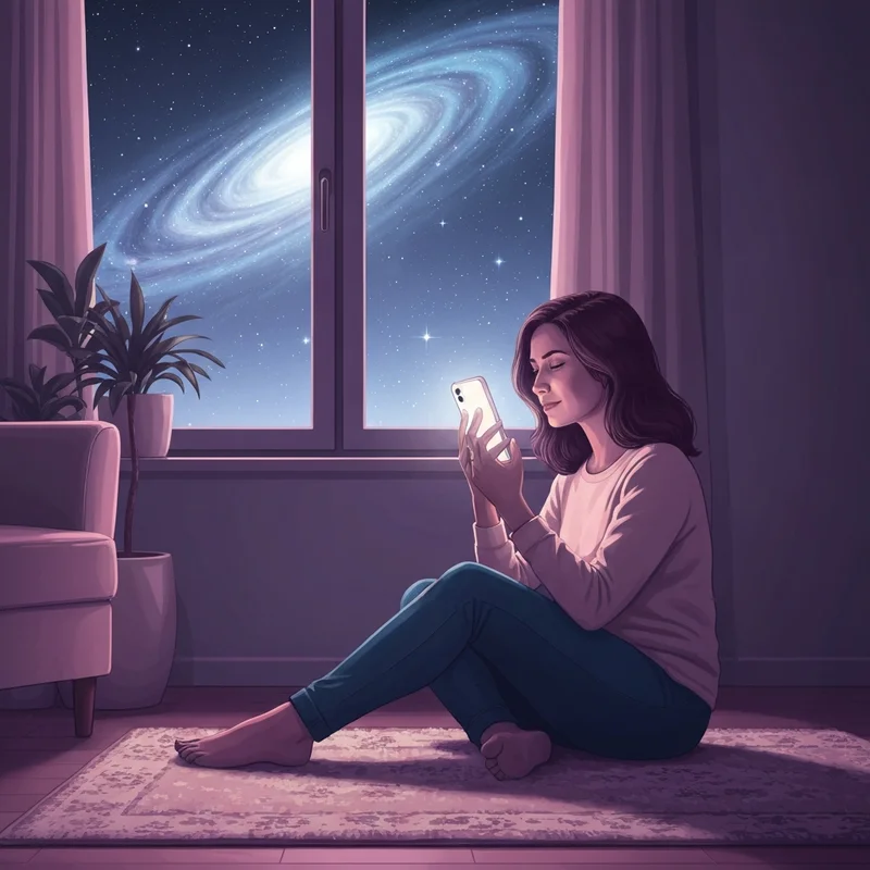 A woman holding a glowing smartphone against a backdrop of a starry night sky, representing free psychic readings by phone.