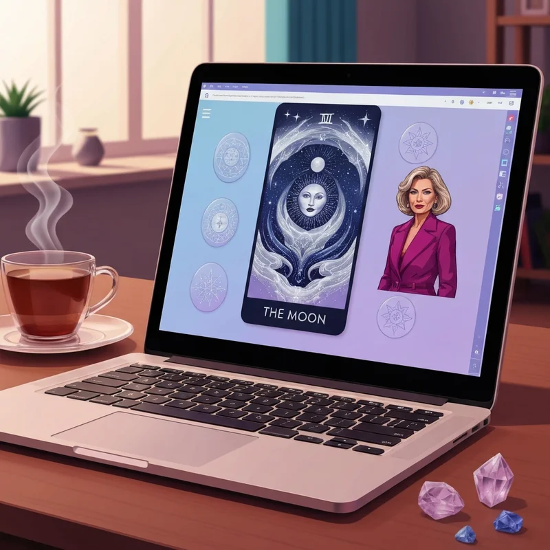 A serene digital interface showing a glowing tarot cards website spread with a 'Moon' card and soft purple lighting.