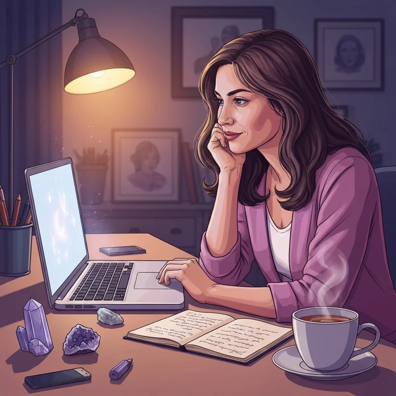 A woman sitting in a dimly lit room looking at a glowing laptop screen, representing the search for real psychic readings.