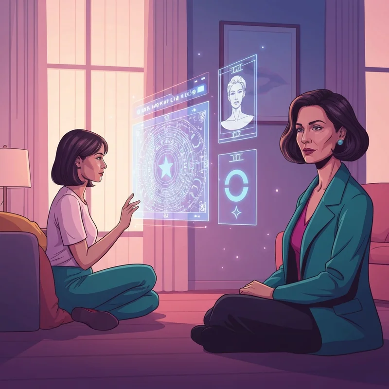 An ethereal digital oracle reflecting a real fortune teller vision for a young woman seeking guidance.
