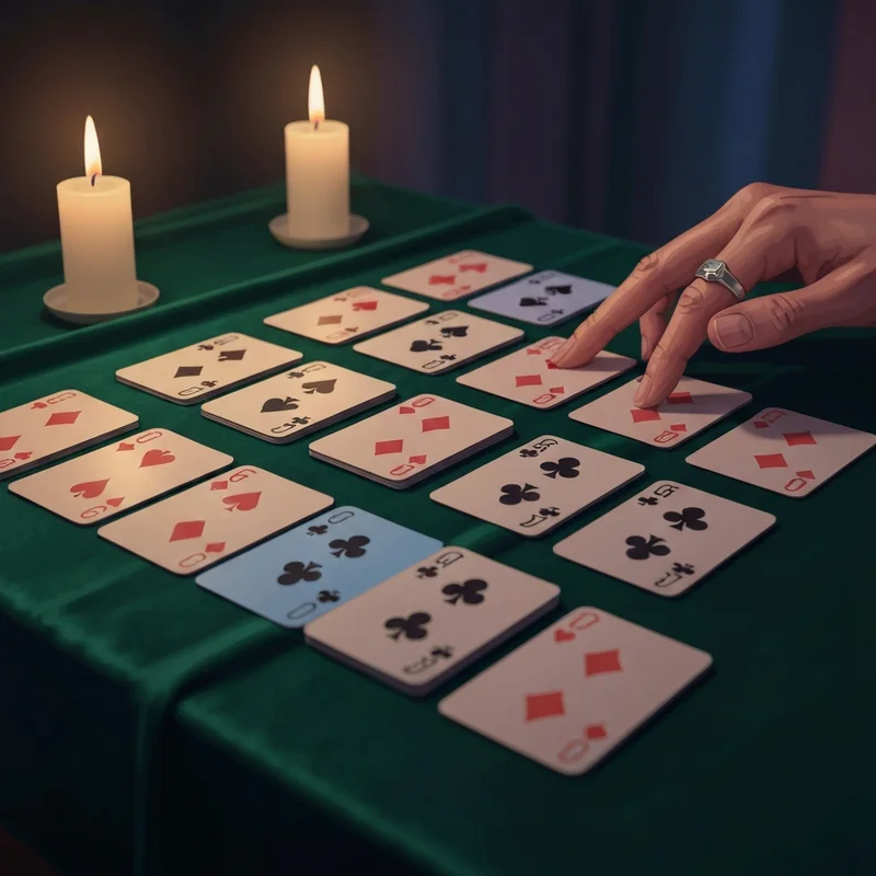 A mystical 32 card tarot reading spread on a velvet table with candlelight.