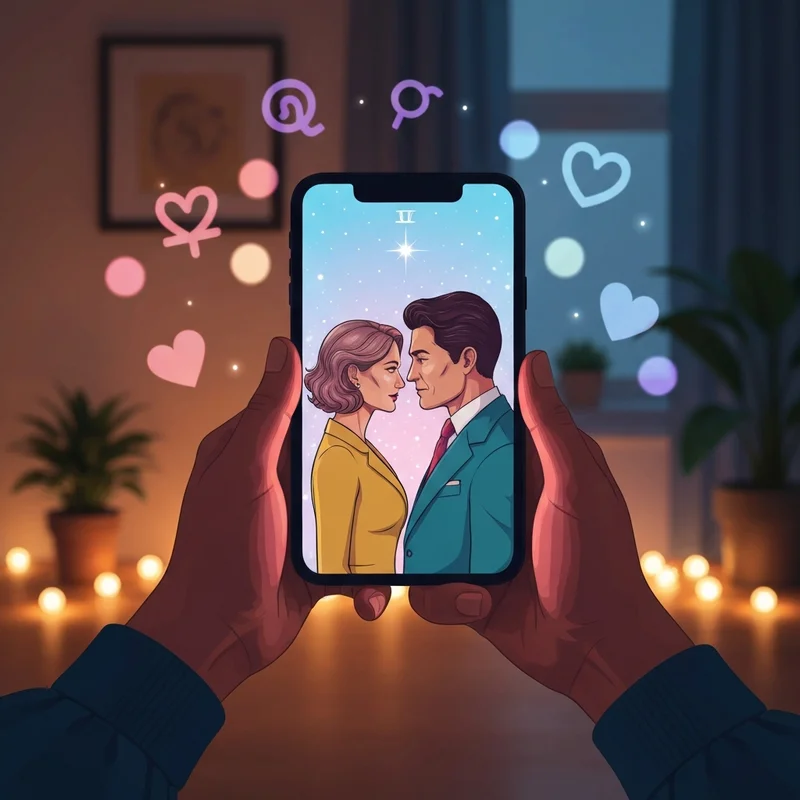 A mystical aesthetic scene of a glowing digital tarot card reading showing the Lovers card, focused on 'does he love me tarot free' themes of romantic clarity.