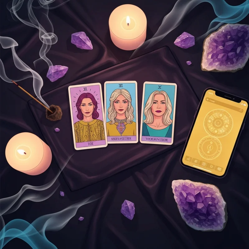 A mystical overhead view of a 3 card tarot combination calculator interface on a wooden table with crystals.