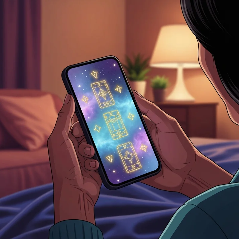 A serene digital illustration of a free fortune teller online interface showing glowing tarot cards and celestial symbols on a smartphone screen.