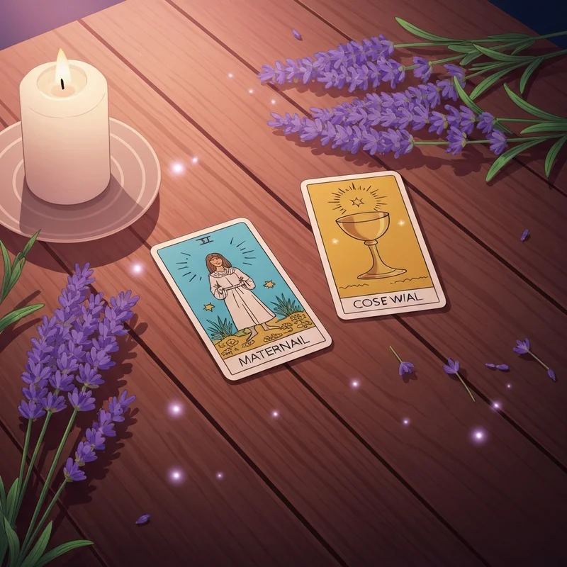 A soothing, cinematic scene of a pregnancy tarot reading free showing the Empress and Ace of Cups cards on a lavender-scented silk cloth with soft candlelight.