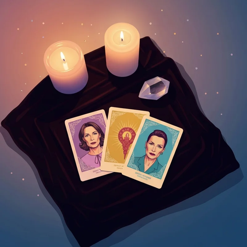 A serene setting for a three card tarot reading with three cards laid out on a silk cloth next to a crystal and a candle.