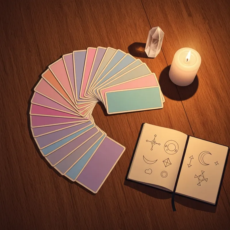 A complete tarot cards list spread across a dark wooden table with spiritual artifacts like crystals and a candle.