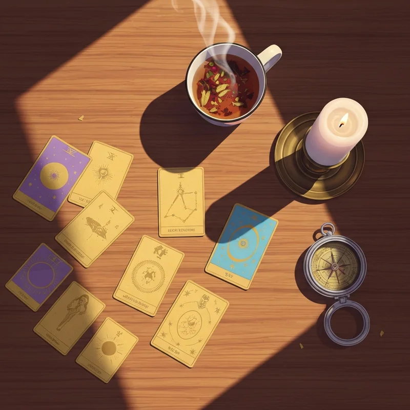A serene tarot spread for guidance on a wooden table with celestial cards and a candle.