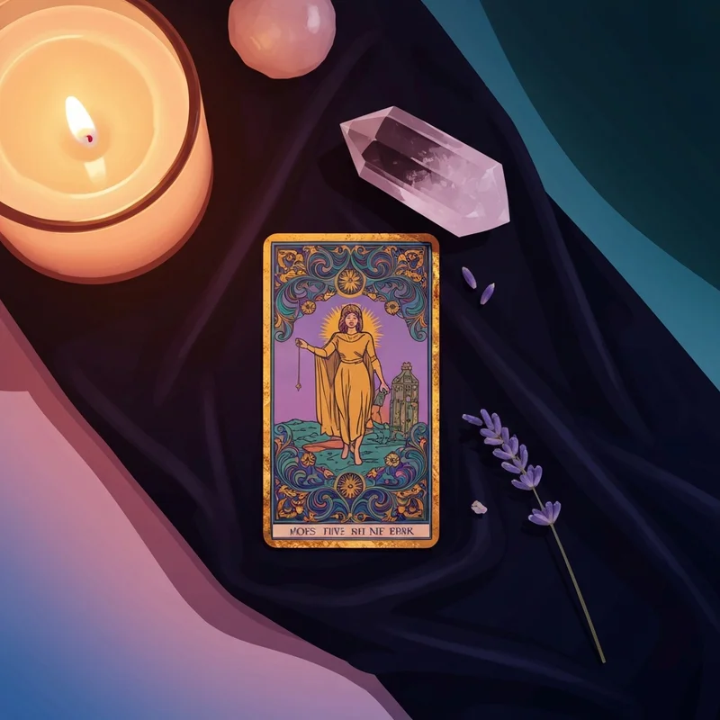 A serene one card pull tarot reading setup with a single card resting on a silk cloth next to a crystal and a glowing candle.