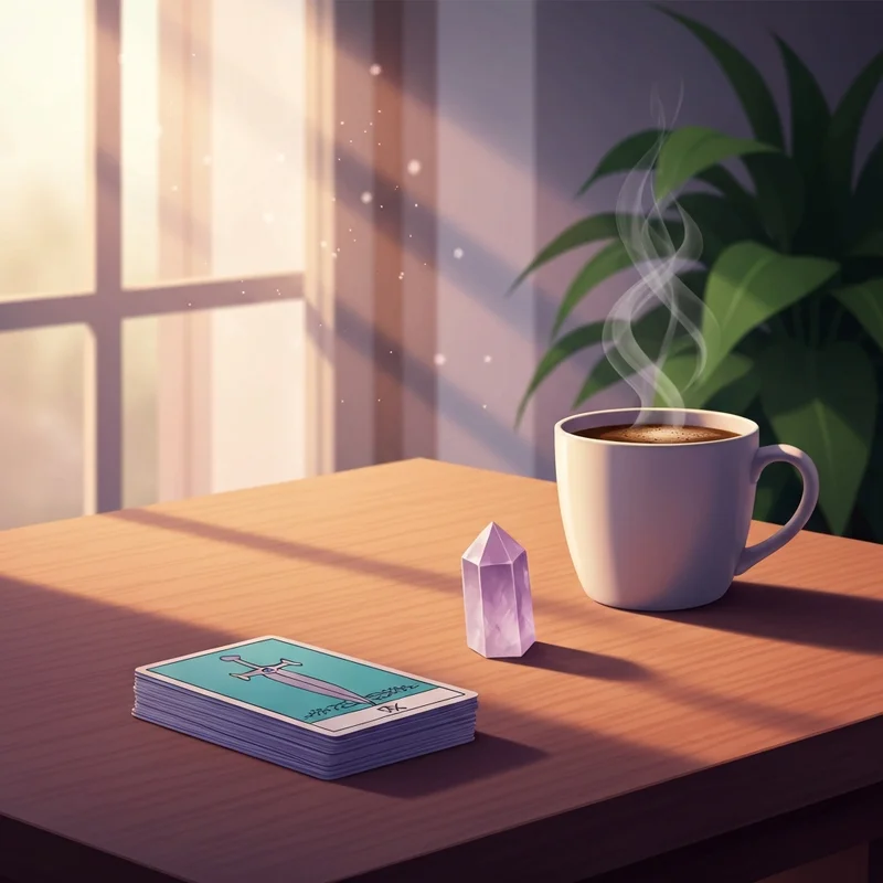 A serene sunday tarot horoscope layout with oracle cards, a warm cup of coffee, and soft morning sunlight on a wooden table.