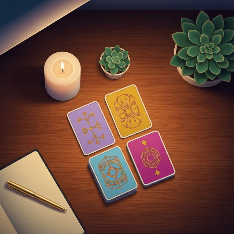 A serene workspace with a wooden table, a deck of illustrated cards, a single lit candle, and a basic tarot spread in a three-card layout representing past, present, and future.